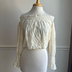 Free People Emily Lace Ivory Floral Crop Top Off The Shoulder Oversized XS EUC